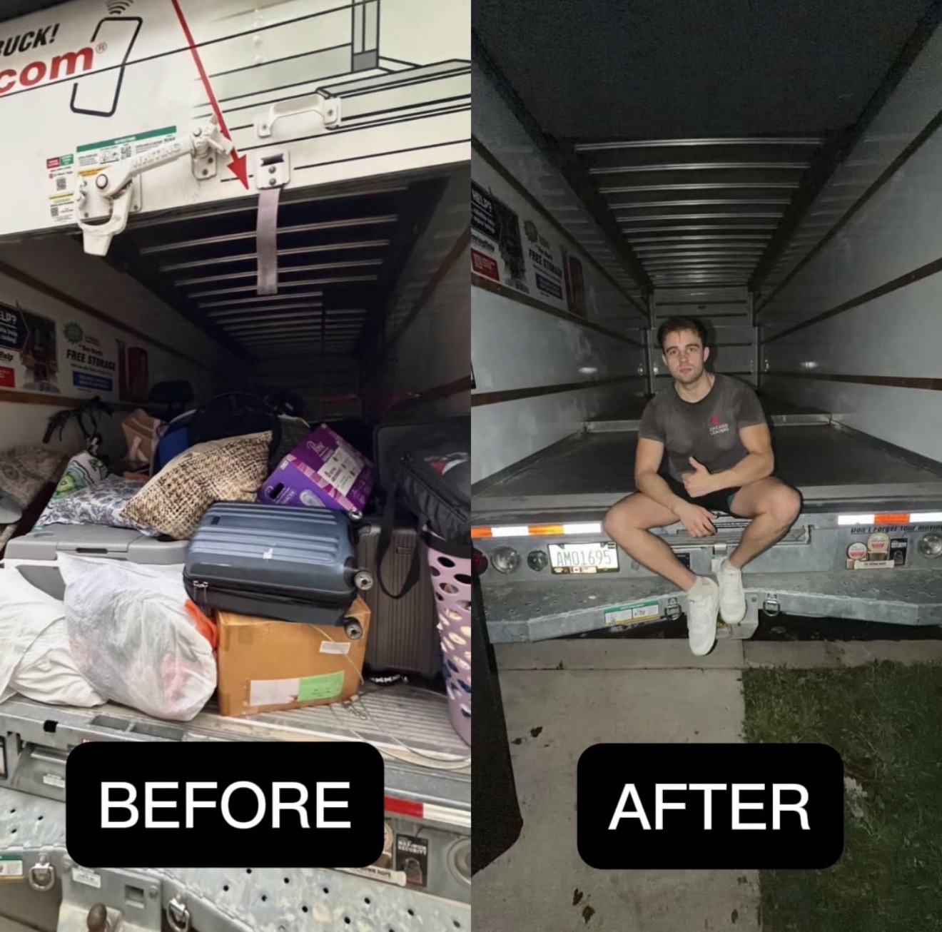 Before and after of a packed truck and a clean empty truck bed